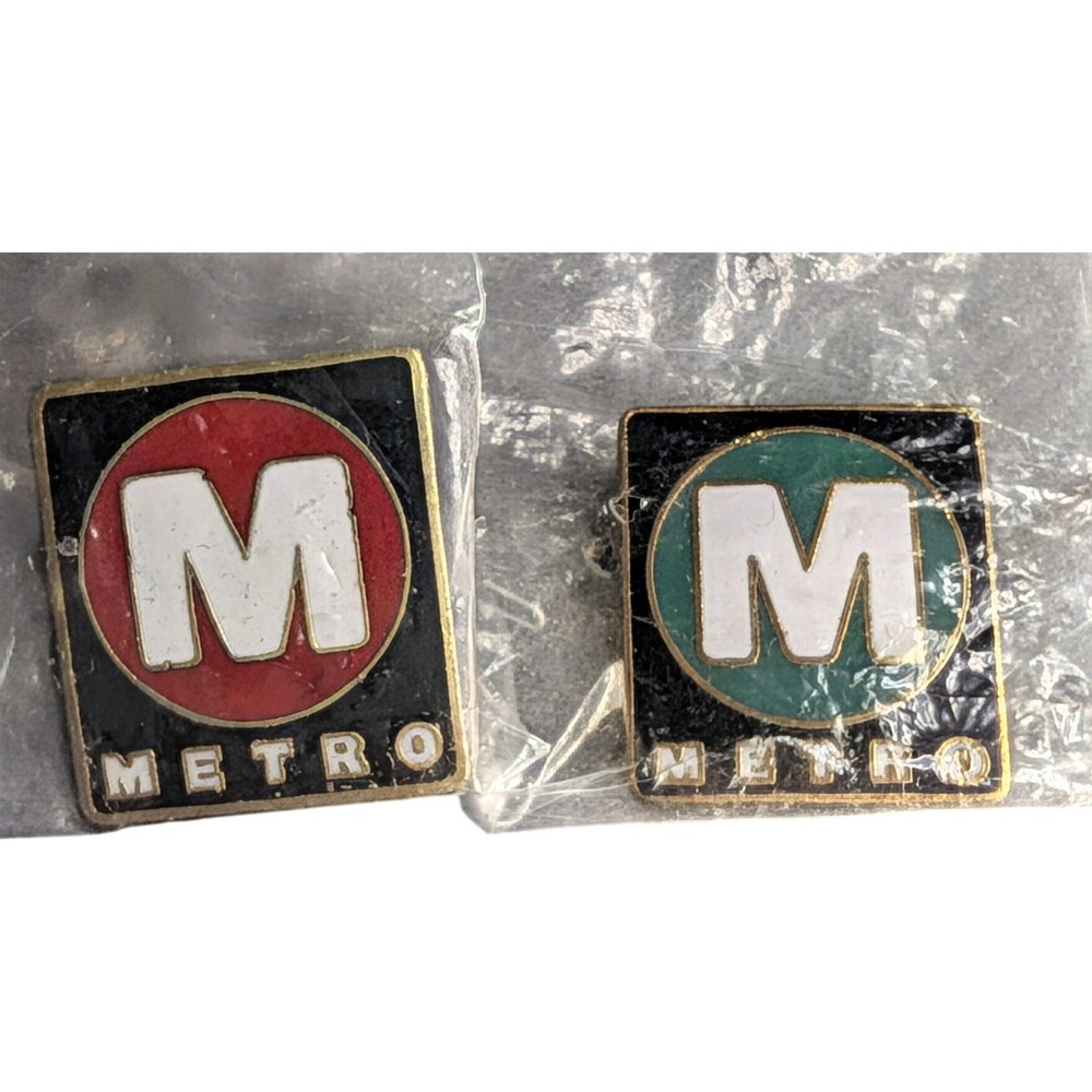 Vintage Metro Transit System Enamel Lapel Pins Set Red and Green M Logo in Bag